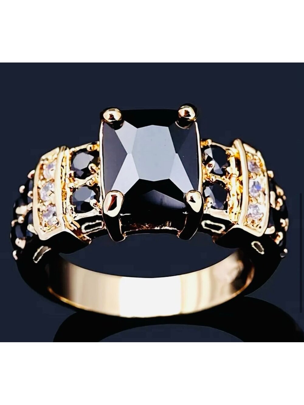 New - Gorgeous Golden Statement Ring w/Black Gemstones - Size 8